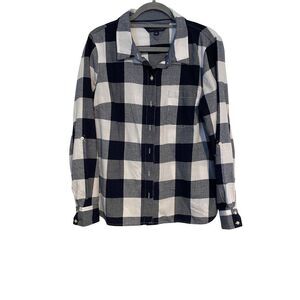 Tommy Hilfiger Womens Size L Navy & White Plaid Button-Up Shirt Long Sleeve